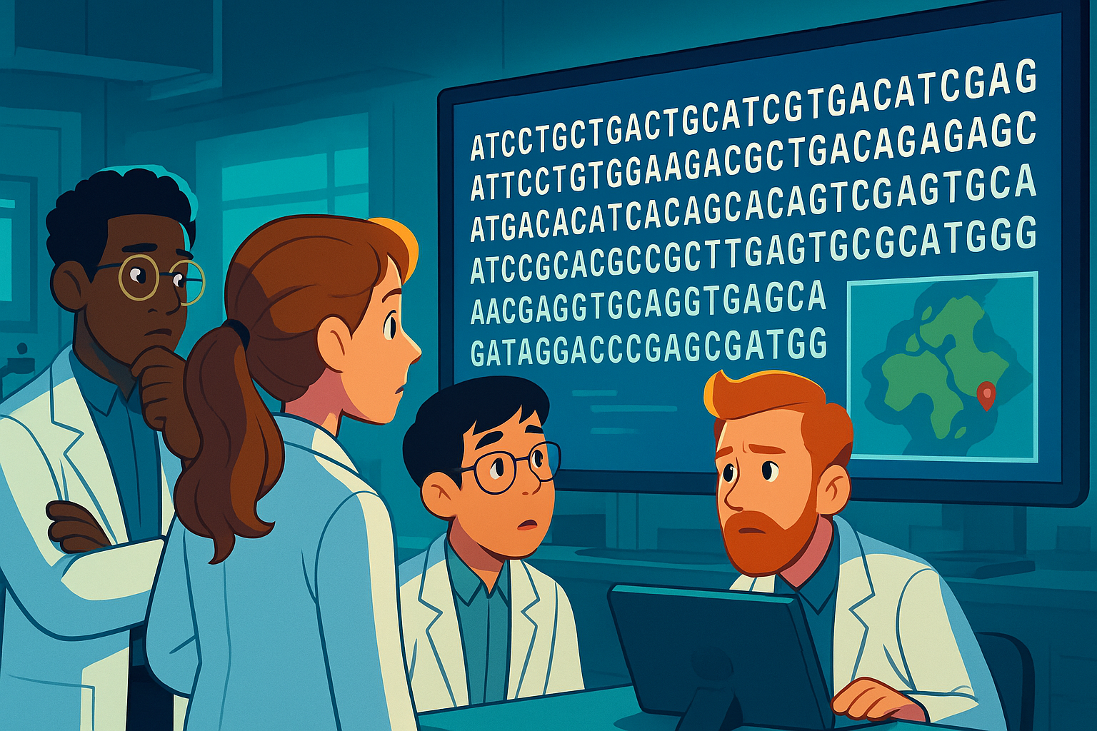 Una pantalla mostra una llarga cadena de lletres (ATCG...), sense explicació. L’equip es mira entre ells, intrigats.
