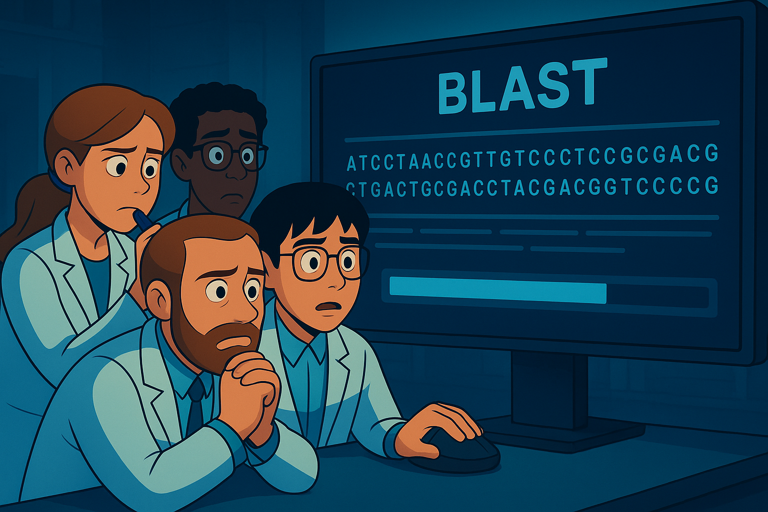 Un ordinador mostra la interfície del BLAST amb una seqüència d’ADN sent analitzada.
