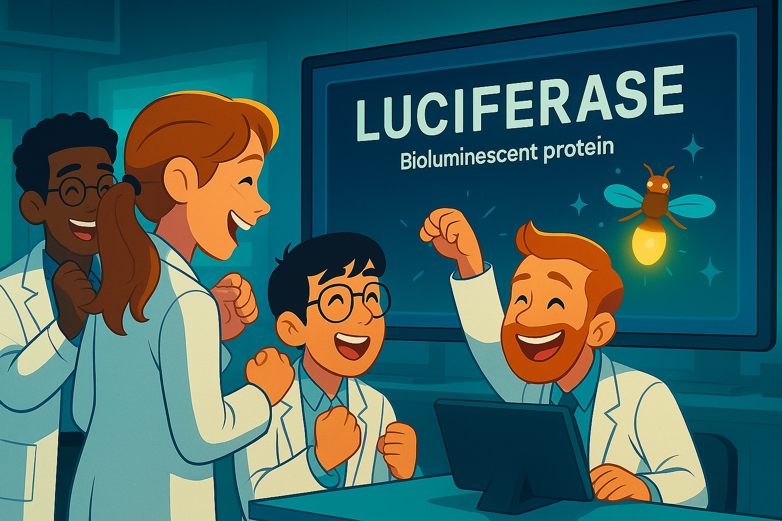 Un resultat apareix a la pantalla: 'Luciferasa — Bioluminescent protein'. Reaccions d’alegria entre els membres.