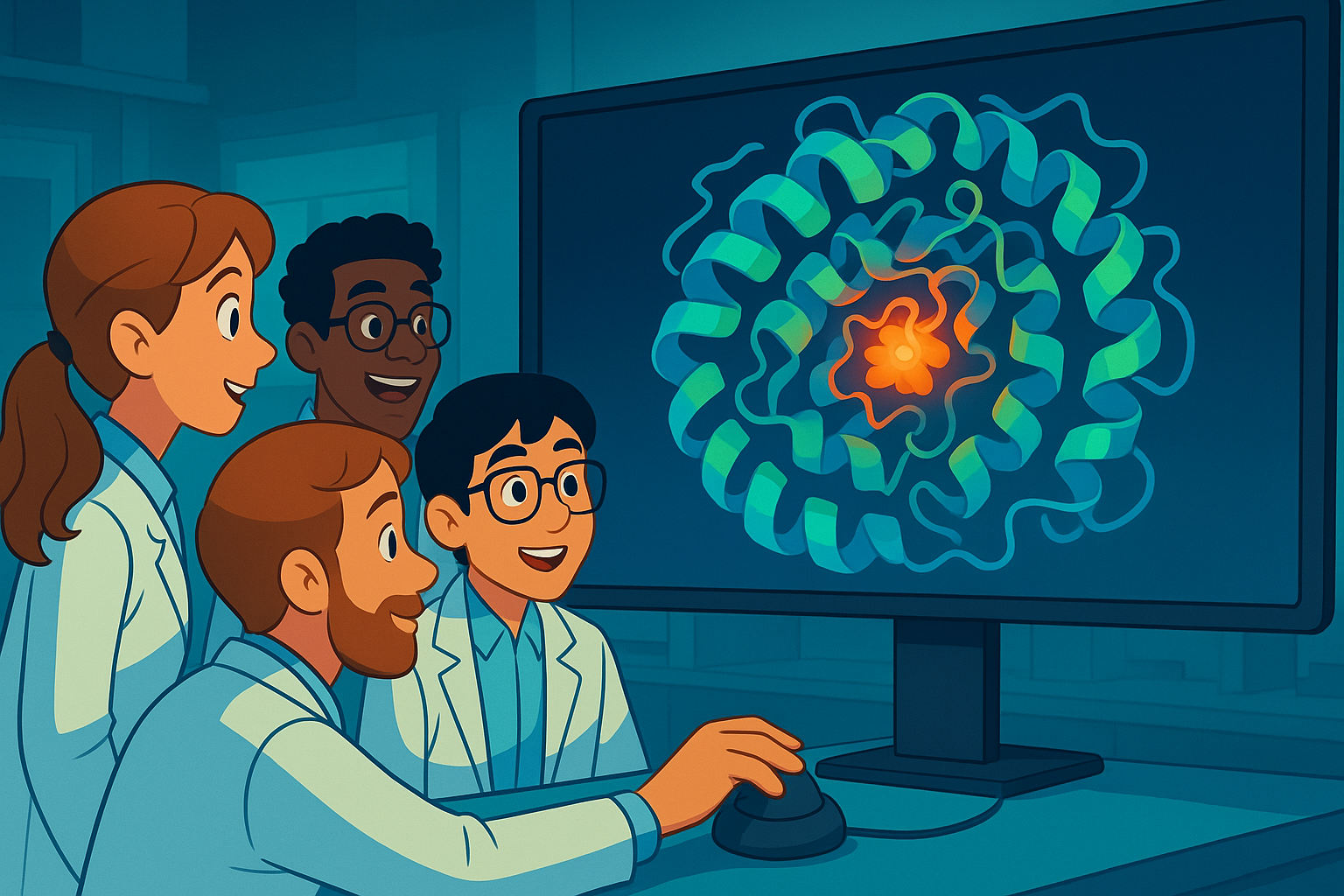 La pantalla mostra una molècula en 3D de la luciferasa, amb espirals, plecs, i un nucli actiu al centre.