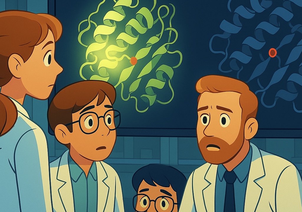 Dues proteïnes comparades. Una gairebé igual, però amb una petita mutació (marcada en vermell), i un efecte visible: una brilla, l’altra no. L’equip observa en silenci, impactat.