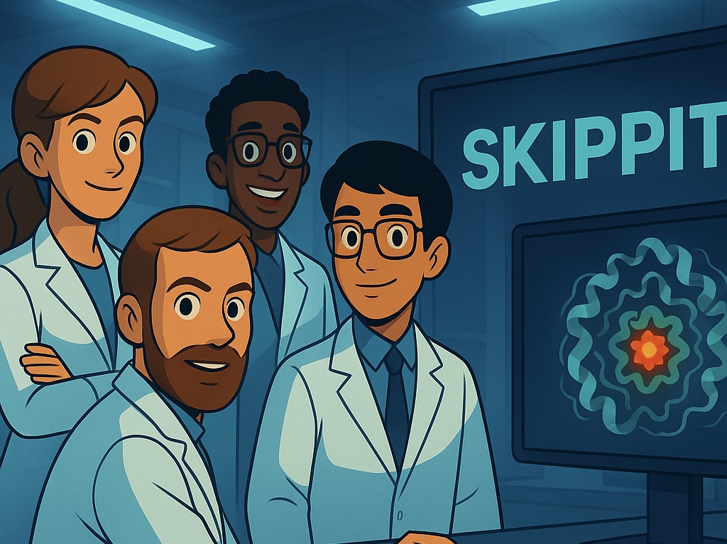 Un grup divers de científics amb bates blanques en un laboratori altament tecnològic. El logotip de SKIPPIT en una pantalla del fons. Llum èpica. Algú gira dramàticament des d’un ordinador.